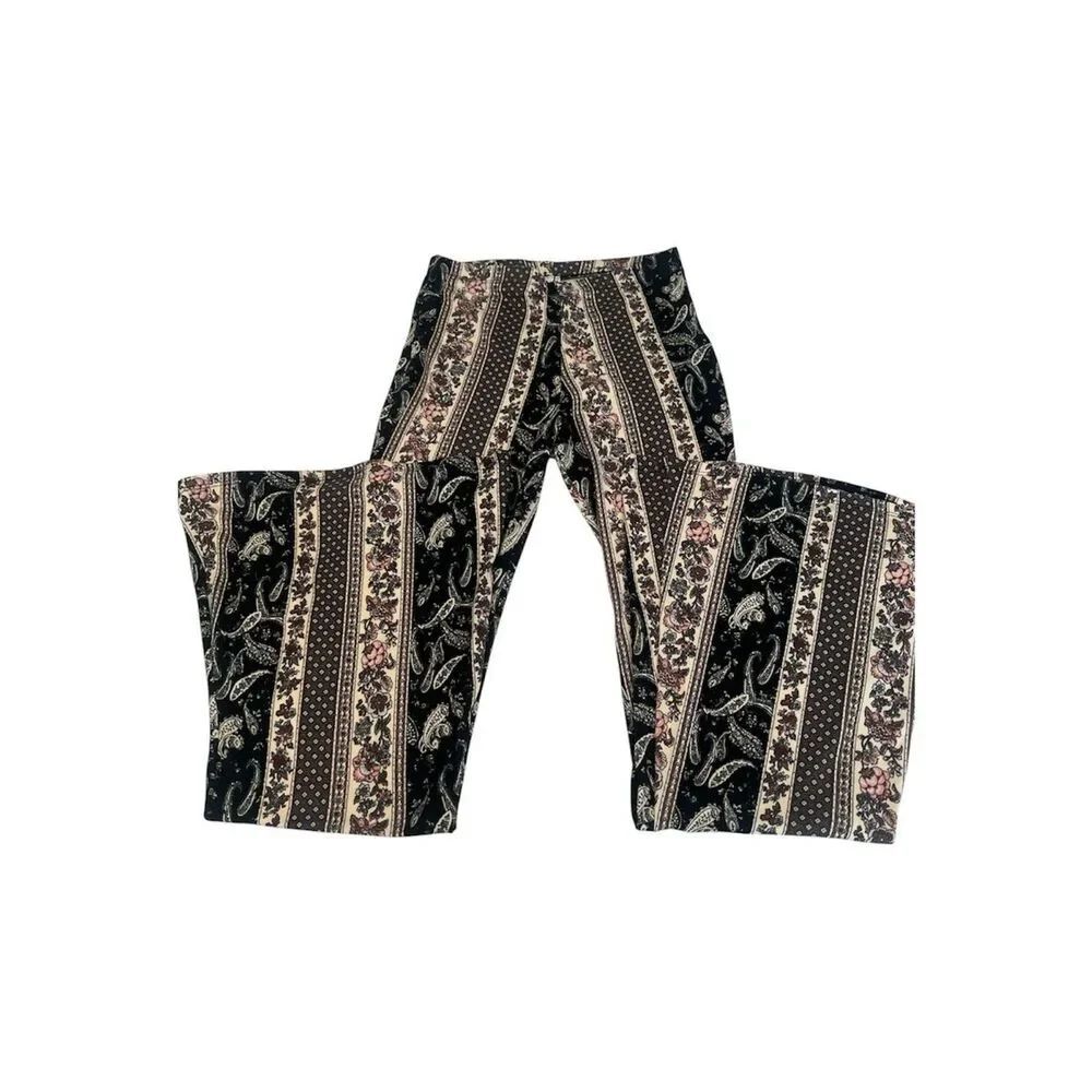 Chocolate SzS Boho Stripe Bell Bottom Pants Black & Cream Pink Accents EUC